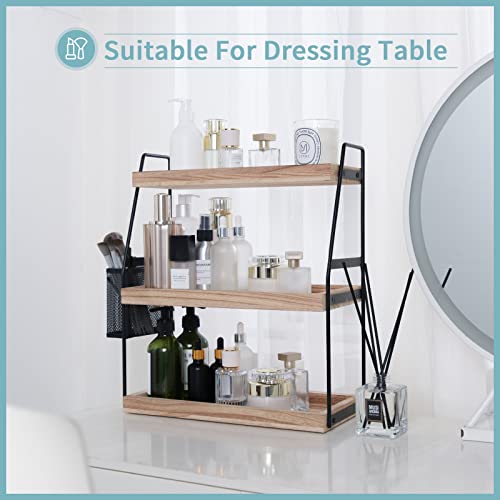 Bathroom Counter Organizer, 3-Tier Standing Storage Shelf with Basket, Wood Tray for Skincare Vanity Organizer - style: 3 Tier Brown