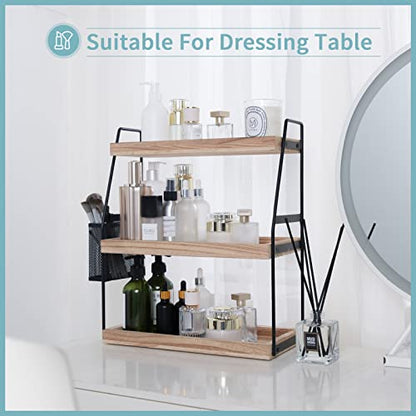 Bathroom Counter Organizer, 3-Tier Standing Storage Shelf with Basket, Wood Tray for Skincare Vanity Organizer - style: 3 Tier Brown