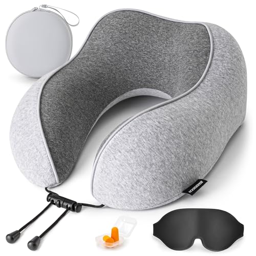 Travel Neck Pillow for Sleeping,100% Pure Memory Foam, Soft Head Support | Washable Cotton Cover,Comes with 3D Eye Mask,Earplugs,Storage Bag,Ideal Travel Gift,Relieve Neck Pressure,Light Grey - color: Light Grey