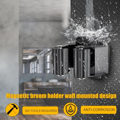 Upgraded Magnetic Broom and Mop Holder Wall Mount, Space-Saving Heavy Duty No Drill Over the Door Broom Gripper RV Camper Wall Organizer,Black,2 Pcs - size: 2 Pcs
