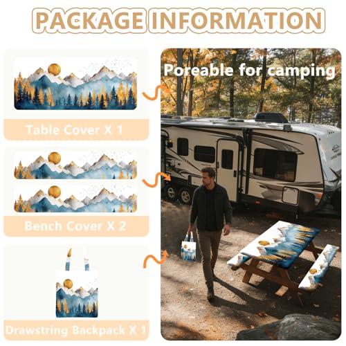 Picnic Table Cover with Bench Covers Elastic Edges, Outdoor Patio Camping Essentials 72 Inch 3PCS, Waterproof Camping Fitted Tablecloth with Handbags (Boho mountain) - color: Mountain View, size: 72" x 30" (Rectangular)