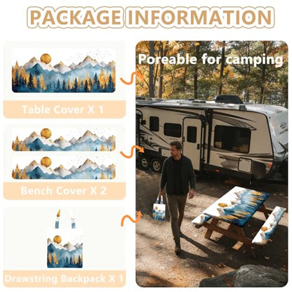 Picnic Table Cover with Bench Covers Elastic Edges, Outdoor Patio Camping Essentials 72 Inch 3PCS, Waterproof Camping Fitted Tablecloth with Handbags (Boho mountain) - color: Mountain View, size: 72" x 30" (Rectangular)