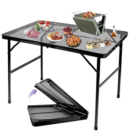 BRIAN & DANY 3x2 FT Folding Grill Table Camping Table, Metal Portable Picnic Table, Lightweight Height Adjustable Foldable Table for Outdoor, Black - size: 3x2FT