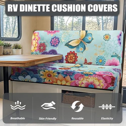 Butterfly RV Dinette Cushion Covers Colorful Dahlia RV Stretch Sofa Seat Slipcovers Camper Couch Cushion Covers Include 1 Bench Cover 1 Backrest Cover - color: Butterfly Colorful Dahlia