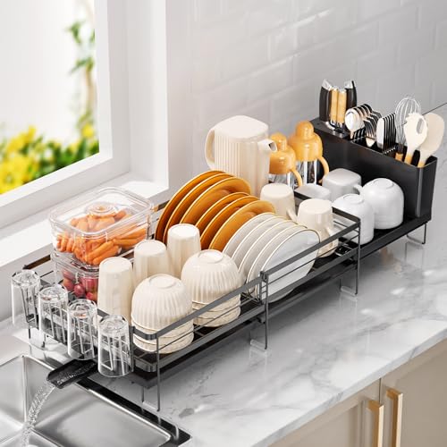 Delamu Stainless Steel Dish Drying Rack, Expandable Dish Drainer, Anti-Rust Large Dish Racks for Kitchen Counter, Dish Strainers with Drainboard, Utensil & Cup Holder, 13.4"-28.7" L x 11.8" W, Black - color: Black