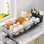 Delamu Stainless Steel Dish Drying Rack, Expandable Dish Drainer, Anti-Rust Large Dish Racks for Kitchen Counter, Dish Strainers with Drainboard, Utensil & Cup Holder, 13.4"-28.7" L x 11.8" W, Black - color: Black
