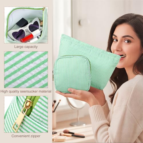 Sanwuta 4 Pcs Seersucker Pouch Cosmetic Bag Set Seersucker Makeup Bag Women Stripe Large Travel Toiletry Organizer Aesthetic Preppy Storage for Embroidery Women Bridesmaid Gifts(Green) - color: Green