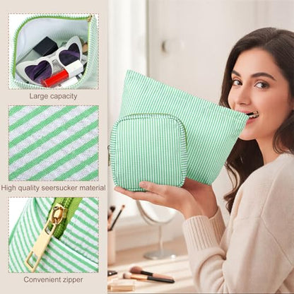 Sanwuta 4 Pcs Seersucker Pouch Cosmetic Bag Set Seersucker Makeup Bag Women Stripe Large Travel Toiletry Organizer Aesthetic Preppy Storage for Embroidery Women Bridesmaid Gifts(Green) - color: Green