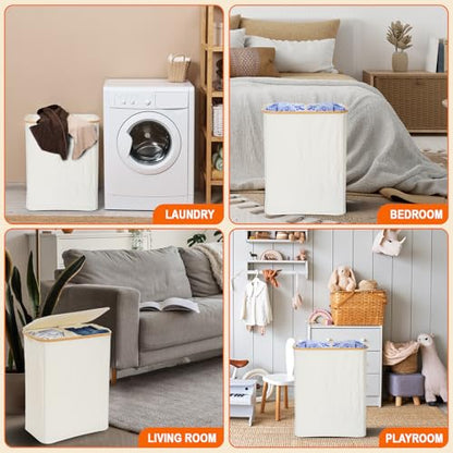 GARPROVM Double Laundry Hamper with Lid 150L Large Laundry Basket with Bamboo Handles Foldable Clothes Hampers with 2 Removable Liner Bags for Laundry for Bedroom Bathroom Dorm Laundry Room (Beige) - color: Beige