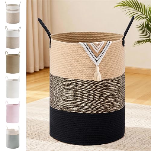 72L Large Tall Cotton Rope Laundry Basket with Handles, Brown & Black - color: Brown & Black, size: 72L