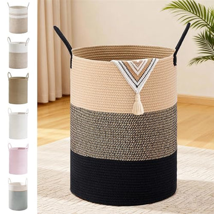 72L Large Tall Cotton Rope Laundry Basket with Handles, Brown & Black - color: Brown & Black, size: 72L