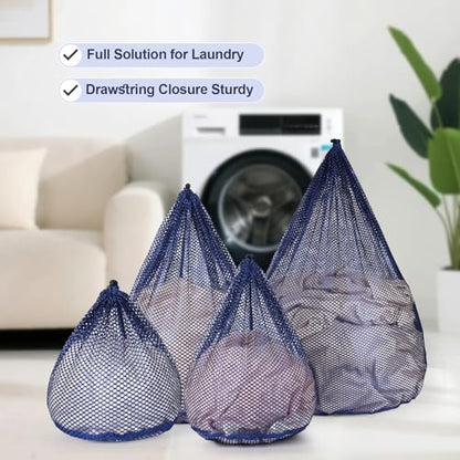 4Pcs Mesh Laundry Bags Washing Machine Mesh Wash Bags for Clothes,Underwear,Lingerie, Bed Linen with Drawstring Closure Sturdy(4 Size, Blue) - color: Blue, size: Pack 4 Pcs