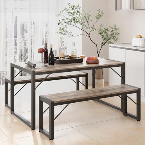 Gizoon 45.5" Dining Table Set for 4 with 2 Benches, Kitchen Table Set with Metal Frame & MDF Board, Space-Saving Dinette for Kitchen, Dining Room -Grey - color: Grey, size: seat for 4