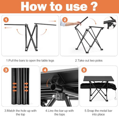 REDCAMP Portable Camping Table, Ultralight Roll Up Folding Table | 22x17’’ Beach Tbale with Storage Bag for Outdoor, Picnic, Sports, Party, Cooking, Camping, Black - size: 22"D x 16"W x 14"H