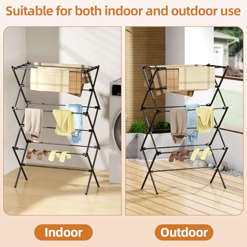 Drying Rack Clothing, 3-Tier Clothes Drying Rack Foldable, Antirust Laundry Drying Rack Collapsible Use for Indoor & Outdoor, 11.8" D x 34.6" W x 35.4" H, Black - color: Black