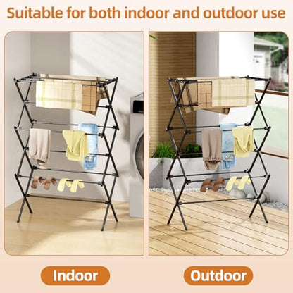 Drying Rack Clothing, 3-Tier Clothes Drying Rack Foldable, Antirust Laundry Drying Rack Collapsible Use for Indoor & Outdoor, 11.8" D x 34.6" W x 35.4" H, Black - color: Black