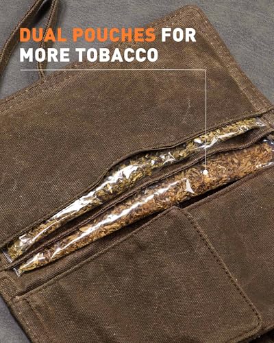 BS-VOG Waxed Canvas Tobacco Pouch for 2 Pipes, Smoking Tobacco Pipe Pouch with Foldable Stand, Smoking Case Bag Accessories Storage Organizer for Travel, Daily Use & Gift (Pipes Not Included)