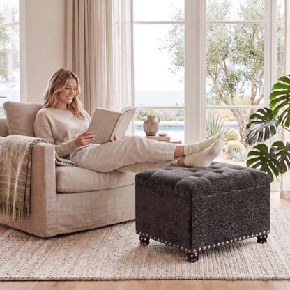 Joveco Storage Ottoman Bench, Rectangle 24" Velvet Foot Rest Stool Square Footstool for Living Room, Bedroom, Charcoal Grey - color: Charcoal Grey