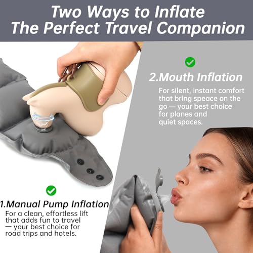 Inflatable Travel Neck Pillow with Adjustable Neck & Chin Support, 2-in-1 Built-in Pump and Storage Bag – Lightweight, Ideal for Airplane, Train, Car, Travel, Office, Home(Khaki) - color: Khaki