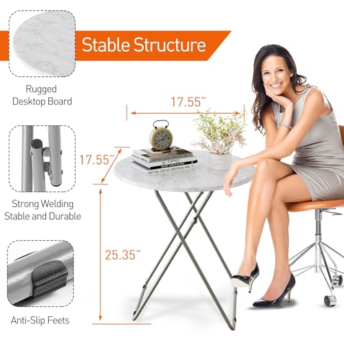 TV Trays Table Set of 4 Round Portable Folding TV Tray Table TV Dinner Tray with Sturdy MDF, No Assembly Required, 17.5 x 17.5 x 26 in (White Marble, 4Pcs) - color: White Marble, size: 4pcs