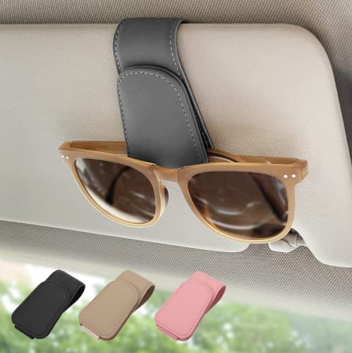 Magnetic Leather Sunglass Holder, Eyeglass Hanger Clip for Car Sun Visor, Suitable for Different Size Eyeglasses(Gray, 1 Pack) - color: Gray