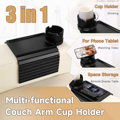 SINWANT Couch Cup Holder Tray,Foldable Sofa Arm Clip on Tray Table with 360° Rotation Cup Holder,Bamboo Anti-Slip Couch Armrest Table for Coffee Cup,Water Bottles,Mug,Snacks,Remote on Large Armrest - color: Black
