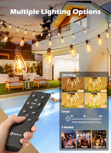 Brightown 108FT Solar String Lights Outdoor Waterproof with Remote, 50+2 LED Shatterproof Bulbs, Dimmable & Timable, 3 Light Modes - Commercial Grade Patio Lights for Garden Backyard Party Decor - size: 108FT(50 Sockets)