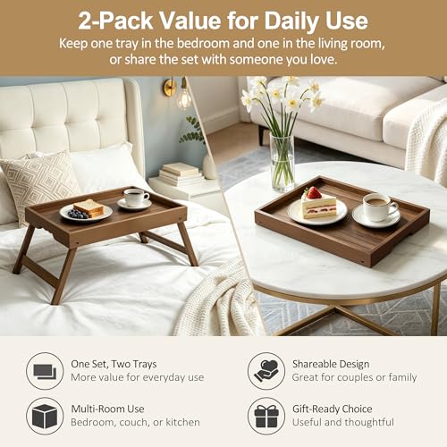 Large Breakfast Tray with Folding Legs Set of 2, 16.9" x 12.2" Bamboo Bed Tray Table with Ergonomic Wave Handles, Foldable TV Dinner Tray for Bed Couch Sofa, Breakfast, Laptop, Coffee, Walnut - color: Walnut, size: Large