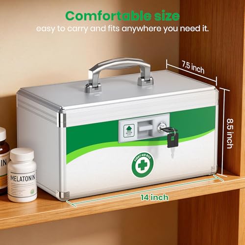 Medicine Lock Box with Keys, Small 14x8.5x7.5in, Aluminum Child-Safe Lock | Child-safe key lock, sturdy aluminum frame, anti-slip base, removable ABS tray, rust-proof handle, reinforced edges - size: Large-14inch