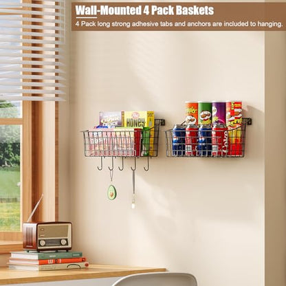 2 Pack Wall Hanging Baskets for Organizing, Large Metal Wire Basket with 5 Hooks+2 Strong Long Adhesive Hooks,Kitchen Hanging Mesh Organizer, Wall Mounted Bin for Kitchen, Bathroom, Bedroom,SUV,Garage - size: 13"L x 6.3"W x 6.02"H-2Pack