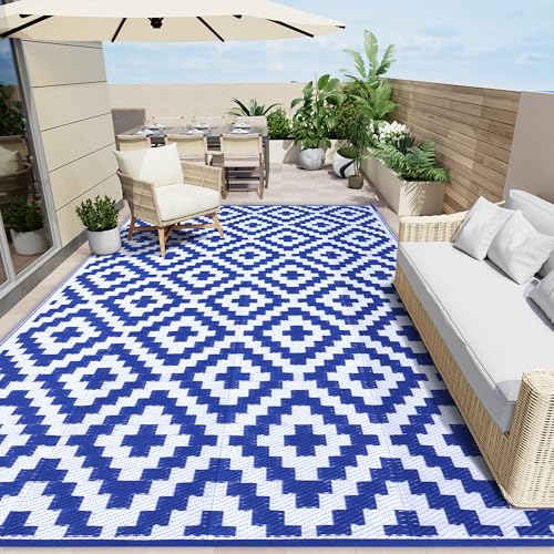 OLANLY Waterproof Outdoor Rug 10x14 ft, Outdoor Plastic Straw Rug for Camping, RV Mat Outside, Outdoor Carpet for Porch, Deck, Backyard, Balcony, Picnic, Blue & White - color: Blue & White, size: 10' X 14' (Rectangular)