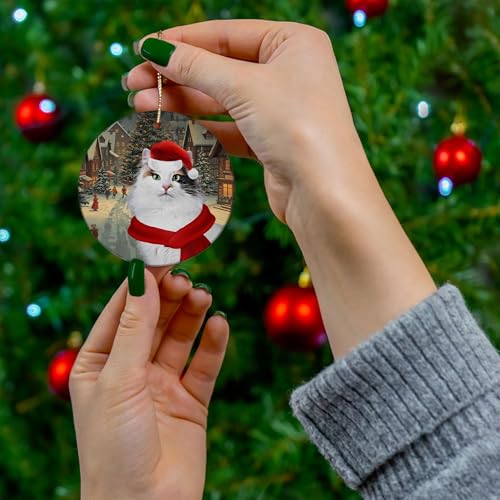 Tortie Turkish Van Cat Christmas Ornament 2026 Santa Hat Winter Village Landscape Scene Circle Ceramic Holiday Tree Hanging Decor Keepsake Gifts for Turkish Van Cat Lovers
