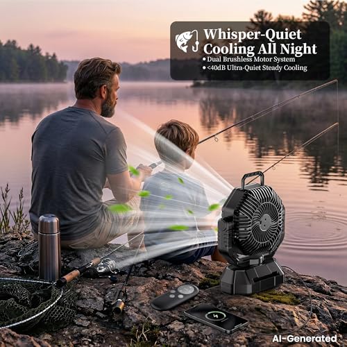 AJVV Camping Fan with Light, Remote and Oscillation, Battery Powered Hanging Tent Fan, Rechargeable Portable for Camp, Outdoor, Emergencies, Fishing, RV Travel, Jobsite - color: Black