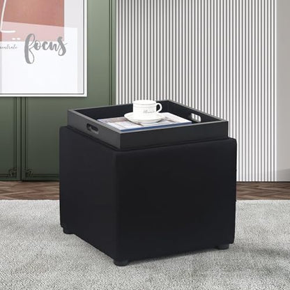 Adeco Square Storage Ottoman with Reversible Tray Top, 17-inch Linen Cube Footrest & Coffee Table for Living Room, Bedroom & Small Spaces, Black - color: Black With Tray