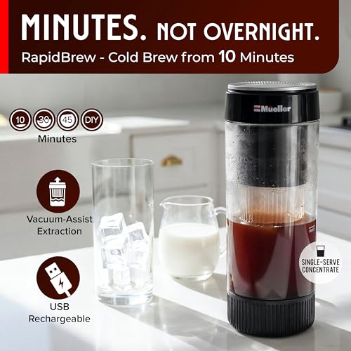 Mueller RapidBrew Cold Brew Iced Coffee Maker – 10 Min Fast Brew Portable Rechargeable Cold Brew Machine for Coffee & Tea – Adjustable Strength 10-99 Min – 20 Servings Per Charge, Black Coffee - color: Black