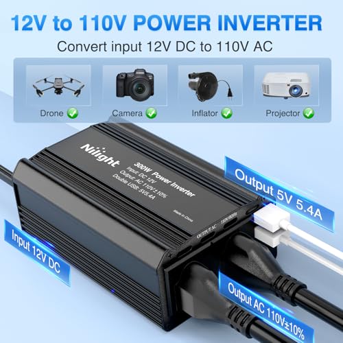 Nilight 300W Power Inverter 12V DC to 110V AC Car Charger Converter with 5.4A Dual USB Ports and 2 AC Outlets for Phones Tablets Laptop Computer Game Console Kindle iPad DVD Players Black - color: 300W USB*2 110V Outlet*2