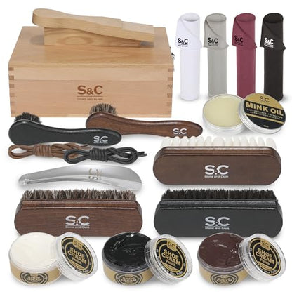 Stone and Clark Original Shoe Polish & Care Kit - Leather Shoe Shine Kit for Men & Women - style: Wooden Box