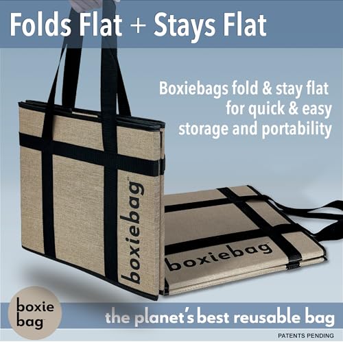 Boxiebag Reusable Grocery Bag (Single) – Durable Reusable Shopping Bag Box. Insulate, Stand Up, Stay Open, Fold Flat – Large Tote Bag with Long Handles & Reinforced Bottom.