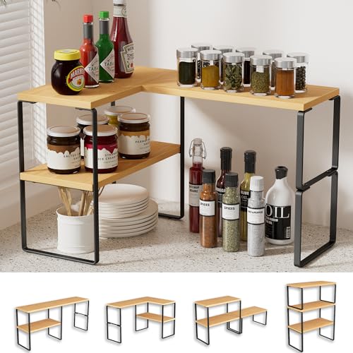 Golener Countertop Organizer Corner Shelf, 2-Tier Adjustable Stackable Corner Shelves for Kitchen, Spice Rack, Coffee Area, Over Sink, Bathroom, Dresser Table, Corner Counter Shelf Stand, Bamboo - color: Bamboo Tan, size: Medium Standard