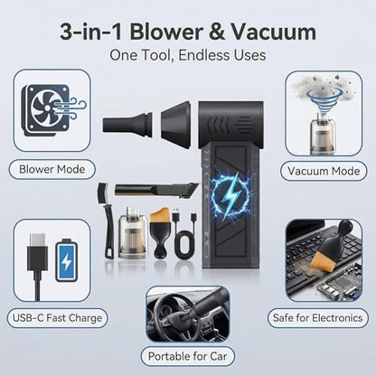 Electric Air Duster Vacuum 2-in-1, Canned Air Alternative Rechargeable Blower with 100,000 RPM, Mini Vacuum for Keyboard, PC, Car Interior, Home Cleaning(Black) - color: Black