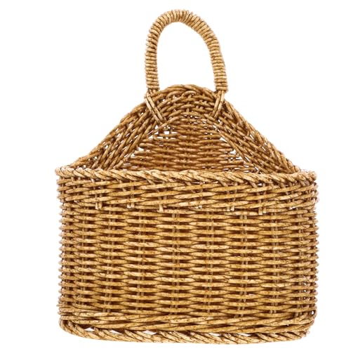 Cabilock Small Wall Hanging Basket | Boho Plastic Woven Kitchen Organizer | Compact 7.5 x 7.5 x 9.25 in size for small fruit, garlic, keys, or faux flowers