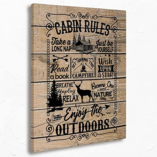 Funny Quote Cabin Rules Life Canvas Wall Art Prints, Wood Texture Paintings, 11x14 Inches Artwork for Themed Decor in Bathroom, Bedroom, Living Room, Outdoor Porch, Patio - color: Cabin Rules