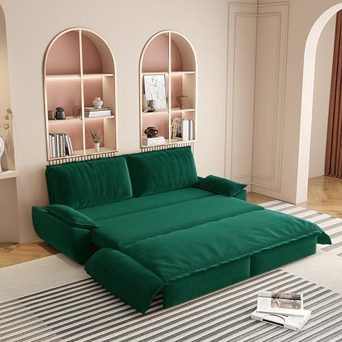 KEIKI 73.2" Pull Out Sofa Bed Queen, 3-in-1 Convertible Sleeper Couch with Smooth Rolling Wheels, Velvet Futon Sofa Bed for Guest Room Bedroom Overnight Sleeping Space Saving Couch - color: Green, size: 73.2 Inch Queen