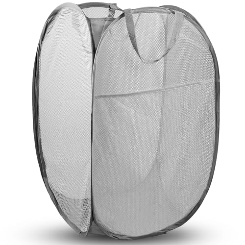 DUCOO Pop Up Laundry Hamper, 70L Collapsible Mesh Laundry Basket with Side Pocket, Foldable Dirty Clothes Hamper with Sturdy Reinforced Handles for Home Dorm Bedroom Travel Bathroom Storage, Gray - color: Gray