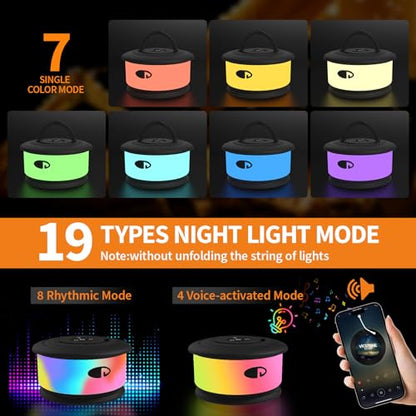 TOHETO 2-Pack Camping String Lights, 3 in 1 Upgraded Retractable RGB Outdoor String Lights with 19 Lighting Modes, Quick 30s Recovery, 32.8 FT Portable Tent Light, Rechargeable Camping Lantern (Black) - style: Black-2Pack