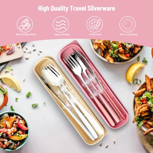 Travel Utensils with Case, 4pc Reusable Utensils Set with Case, Camping Utensil Set, Portable Silverware Lunch Utensils Set for Work Camping School (Pink) - color: Pink
