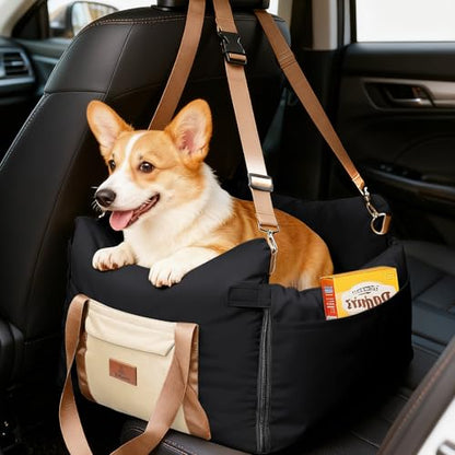 Dog Car Seats for Small Dogs, 2-in-1 Pet Booster Seat with Side-Zip Expandable Bed, Handles and a Storage Pocket, Clip-On Safety Leash and PP Cotton Filling, Vehicle Bed for Puppy up to 25 lbs (Black) - color: Black