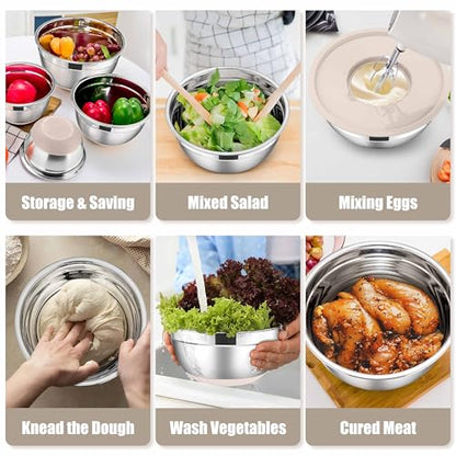 E-far Stainless Steel Mixing Bowls with Lids Set, 5-Piece Nesting Salad Bowls with 3 Grater Attachments and Non-Slip Bottoms, Size 4.6, 2.6, 2, 1.5, 1QT for Kitchen (Khaki) - color: Khaki, size: 5 Regular Sizes