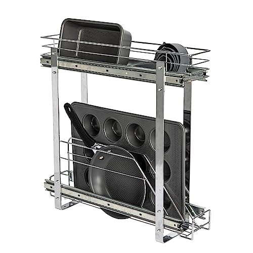 Household Essentials Glidez Multipurpose Chrome-Plated Steel Pull-Out/Slide-Out Storage Organizer for Cookware and Bakeware - 2-Tier Design - Fits Standard Size Cabinet or Shelf, Chrome - size: 5" - Extended, style: Dual Slide