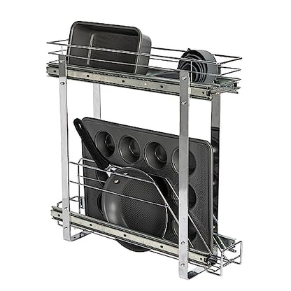 Household Essentials Glidez Multipurpose Chrome-Plated Steel Pull-Out/Slide-Out Storage Organizer for Cookware and Bakeware - 2-Tier Design - Fits Standard Size Cabinet or Shelf, Chrome - size: 5" - Extended, style: Dual Slide